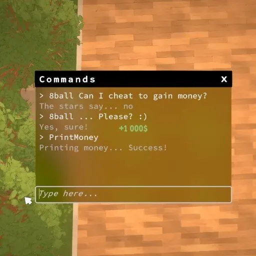 Official Paralives development screenshot showing a money cheat in the command console